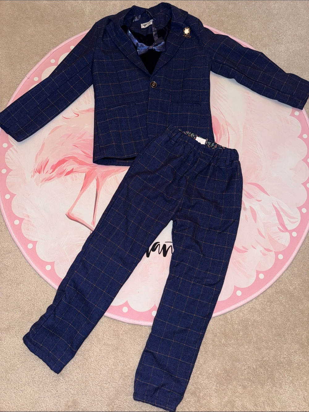 Boys Fleece Lined Plaid Suit Set | Blazer, Pants + Bow Tie | Size 130cm